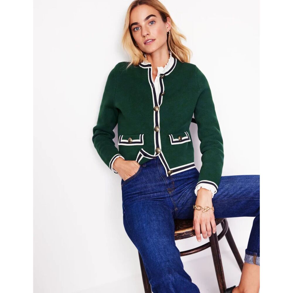 Boden Green Knit Cardigan with White Trim